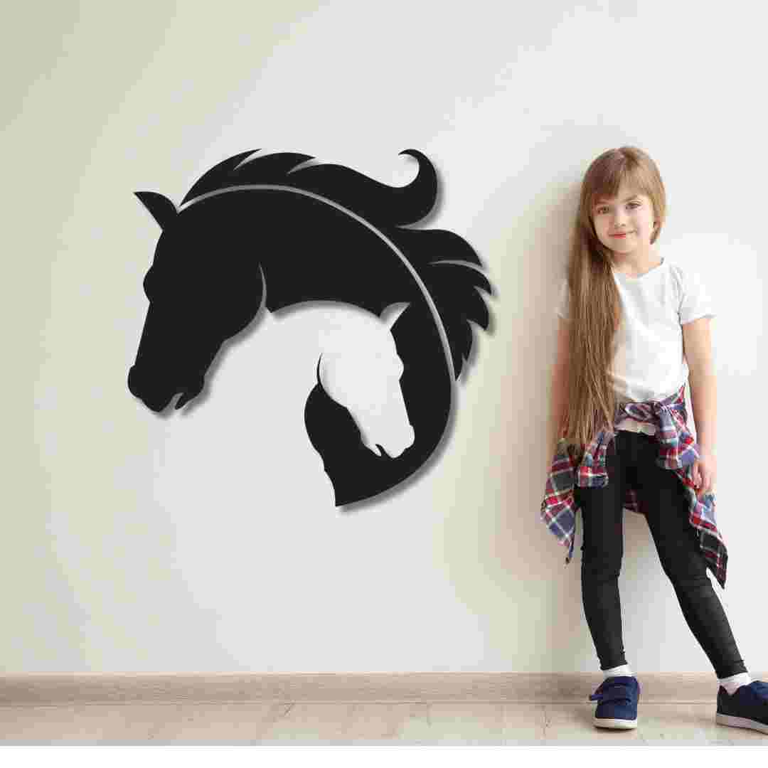 Entangled Feather-Haired Horse Heads Wall Decor – Artistic Dual Horse Design